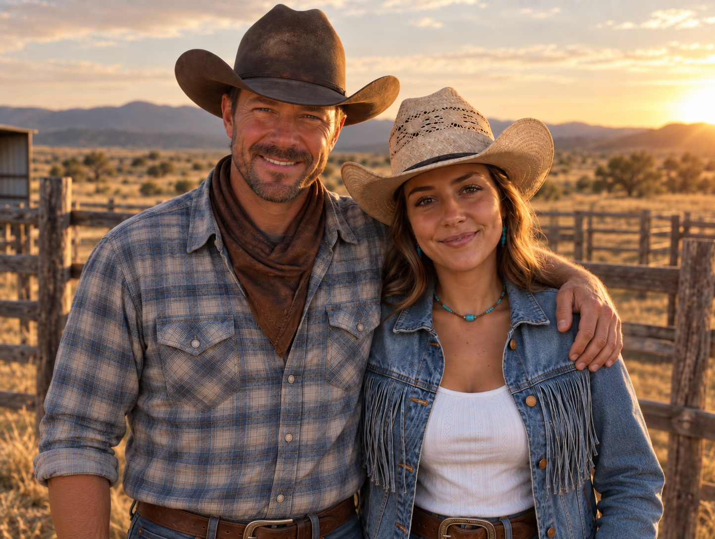 Beau and Pepper Walker standing together at a ranch fence line at sunset